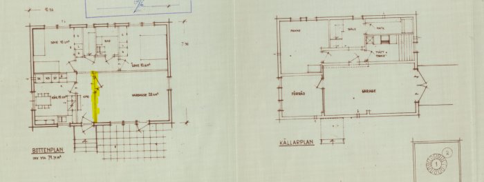 Ritning av ett Mockfjärdshus från 1961, gulmarkerad vägg indikerar en nyligen riven innervägg.