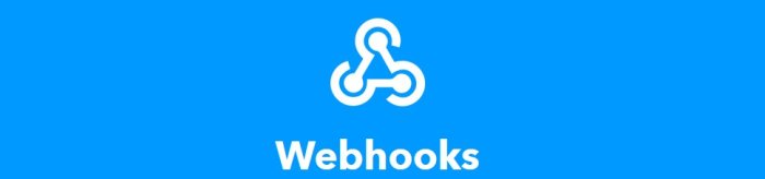 Webhooks-logotyp på en blå bakgrund, illustrerar konceptet som diskuteras i forumtråden.