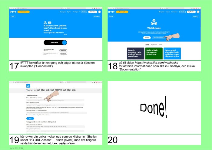 Skärmdumpar som visar steg för att konfigurera en IFTTT-applet, inklusive webhooks och API-nycklar.