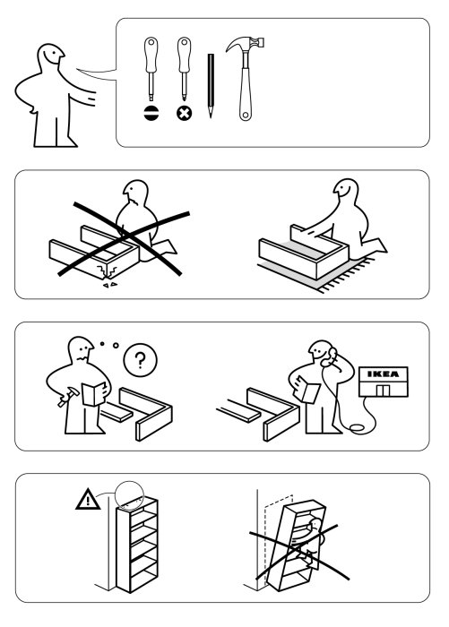 Illustration av monteringsinstruktioner för Billy-bokhylla med verktyg och steg-för-steg-bilder.