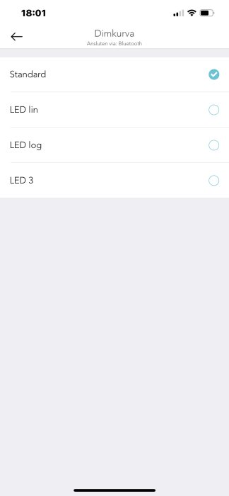 Skärmdump av LED-ljusinställningarna i en app, med 'Standard' valt, andra alternativ ej aktiverade.