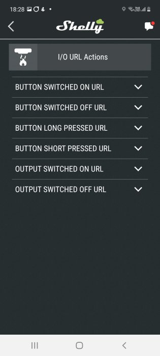 Skärmdump av Shelly-appen med menyn för I/O URL Actions och olika konfigurerbara URL-händelser.