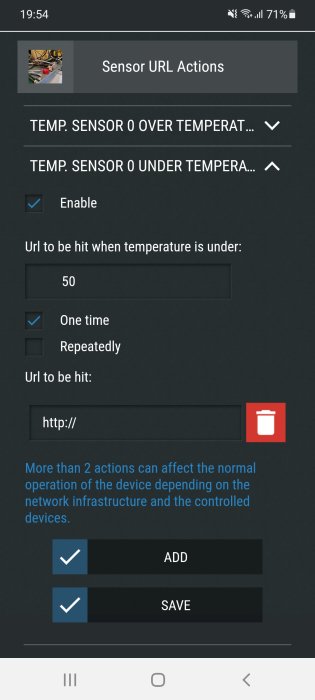 Skärmdump av en enhetsinställningsmeny för "Sensor URL Actions" med alternativ för temperatursensorer.