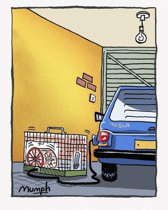 Illustration av en blå Tesla parkerad i ett garage bredvid en återladdningsstation formad som en väska.