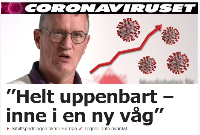 Grafik av coronaviruspartiklar och en uppåtgående röd kurva med citat om en ny våg av spridning.