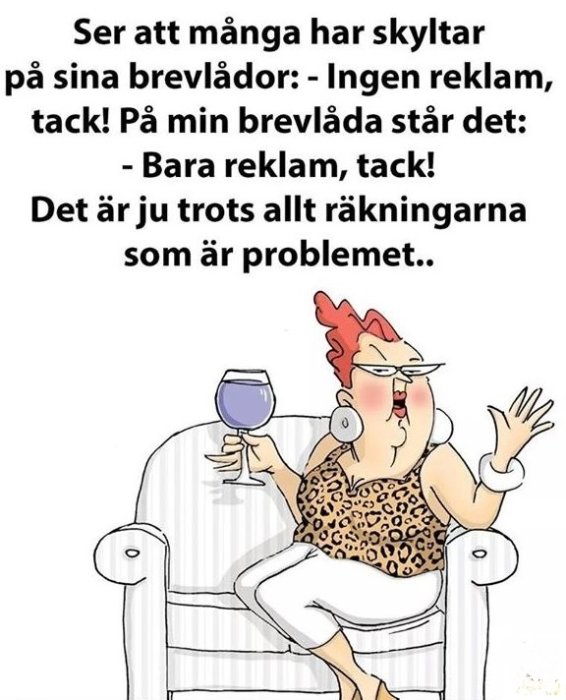 Animerad karikatyr av kvinna på soffa med vinglas, textskämt om brevlådor och reklam.