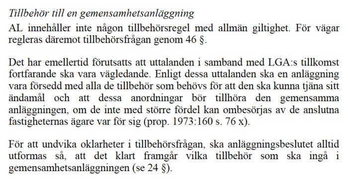 Skärmdump av text som diskuterar anläggningslagens regleringar och tillhörighetsfrågor relaterade till vägar och gemensamhetsanläggningar.