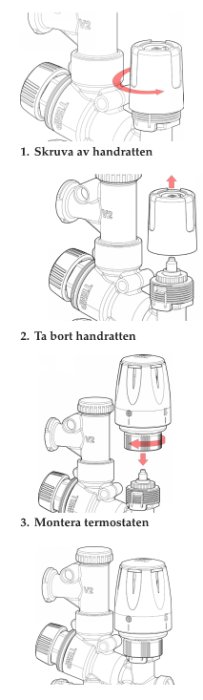 Instruktionssteg för att demontera en handratt och montera en termostat på VVS-utrustning.