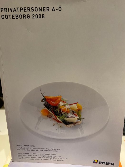 Eniro telefonkatalog för Göteborg 2008 med en bild på makrill escabeche på en tallrik.