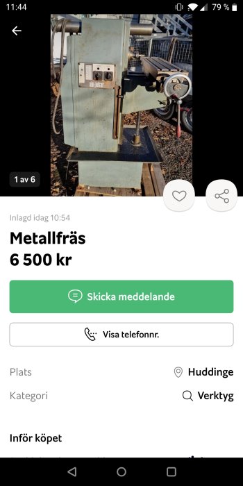 Använd metallfräs till salu visas utomhus, pris och annonsinformation inkluderas.