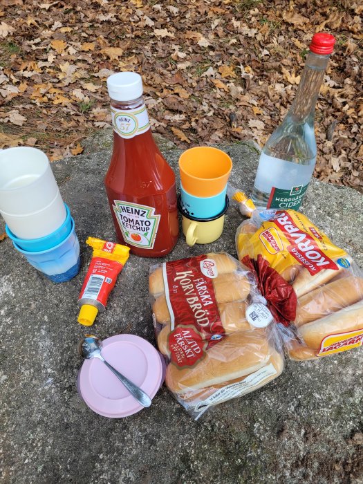 Ketchupflaska, senapsrör, ciderflaska, plastmuggar, korvbröd och tallrik med sked på marken.