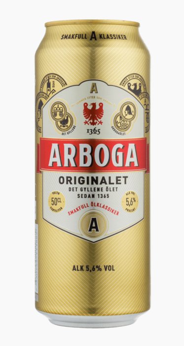 Burk av Arboga Original Ale, ett svenskt öl, med texten "Smakfull Klassiker" och alkoholhalt på 5,6%.