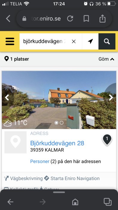 Skärmdump från eniro.se som visar adressen Björkuddevägen 28 i Kalmar med en gatuvy.