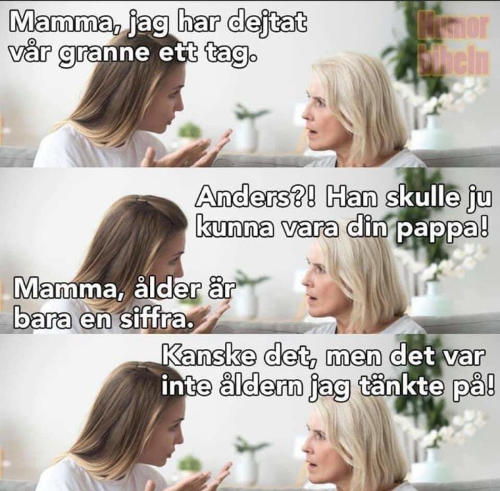 Två kvinnor i samtal med text som skildrar en diskussion om åldersskillnad i dejting.