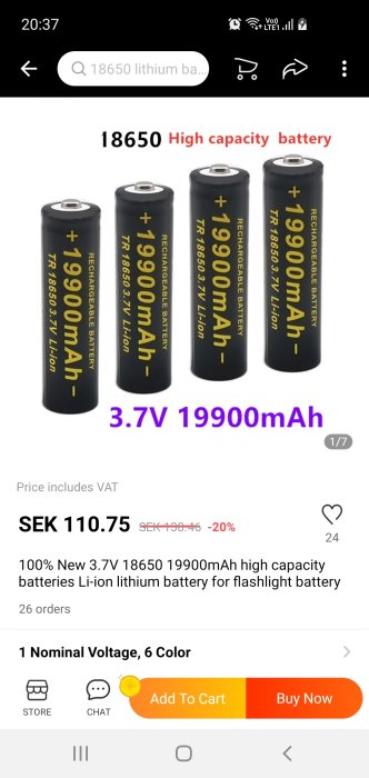 Skärmbild av 18650 litiumjonbatterier med överdriven kapacitet på 19900mAh annonserade i en onlinebutik.