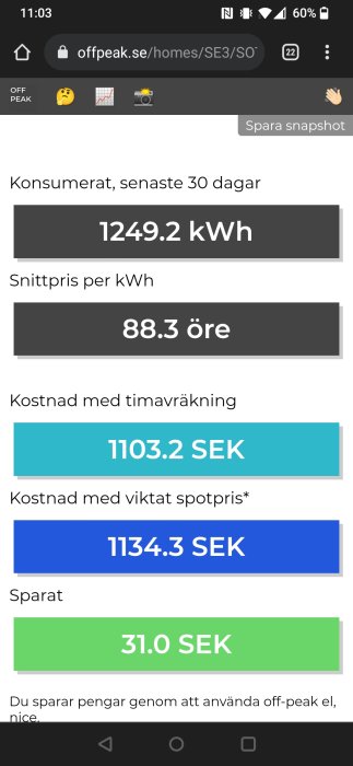 Skärmdump som visar elkonsumtion, snittpris per kWh, kostnader, och besparingar på en mobil webbsida.