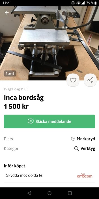 Inca bordsåg med långstångsborr och frästillsats på en hyvelbänk.