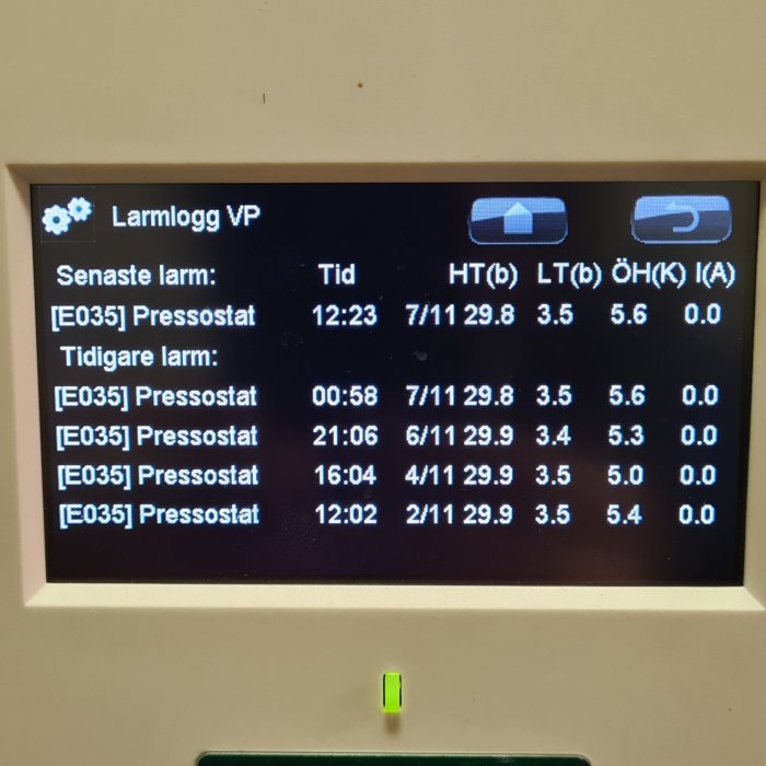 Display visar en larmlogg med flera högtryck pressostat larm för en värmepump.