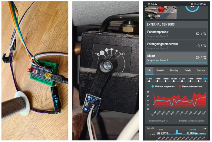 Elektroniskt DIY-projekt med Arduino och sensorer; vinkelgivare fäst på en shuntmotor; appskärm visar temperaturdata från en Nibe luftvärmepump.