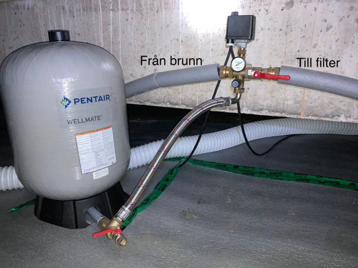 Trycktank för vatten från Wellmate med ledningsanslutningar märkta "Från brunn" och "Till filter".