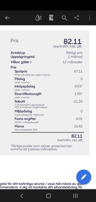 Skärmdump av elräkningsdetaljer med pris och avtalstyp, inklusive rabatter och momskostnader.