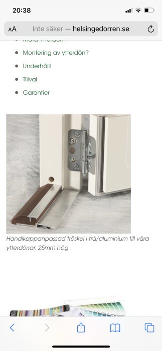 Handikappanpassad tröskel i trä och aluminium för ytterdörr, med synlig dörr och del av golv.