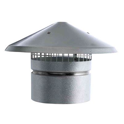 Metallisk imkanalshuv med bred kant och ventileringsgaller mot regn.