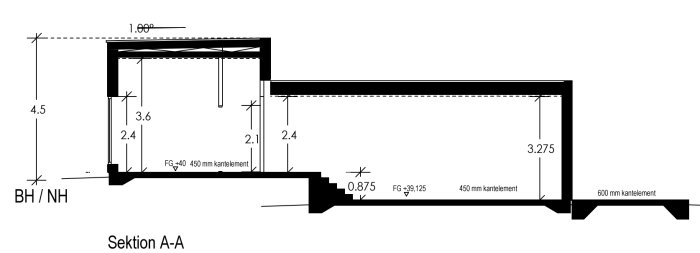 Sektion A-A ritning av en byggkonstruktion med mått och detaljer.