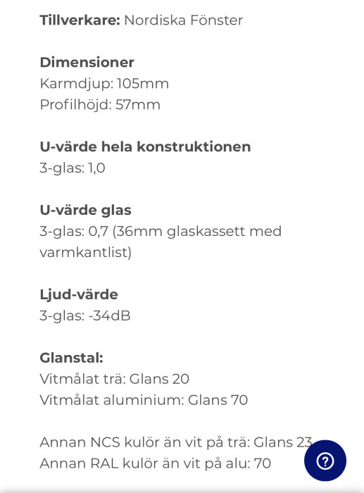 Tekniska specifikationer för 3-glas fönster från Nordiska Fönster, inkluderar mått och u-värden.