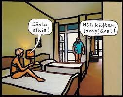 Illustration med två figurer i en lägenhet, en ropar förolämpningar och den andra svarar aggressivt.