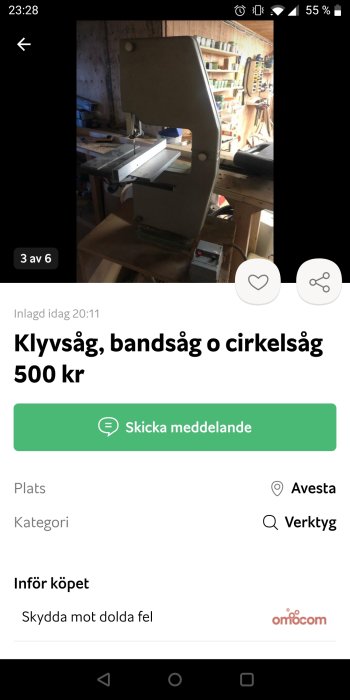 Inca bandsåg i ett verkstadsutrymme, visas till salu för 2000 kr.