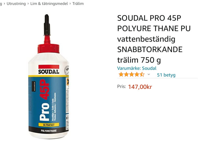 Flaska med Soudal Pro 45P polyuretanlim, vattenbeständigt, snabbtorkande.