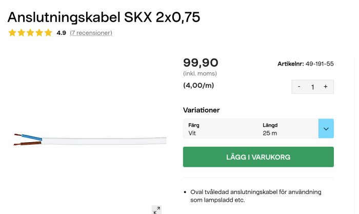 Vit oval tvåledad anslutningskabel SKX 2x0,75 visad på webbsida med pris och produktinformation.