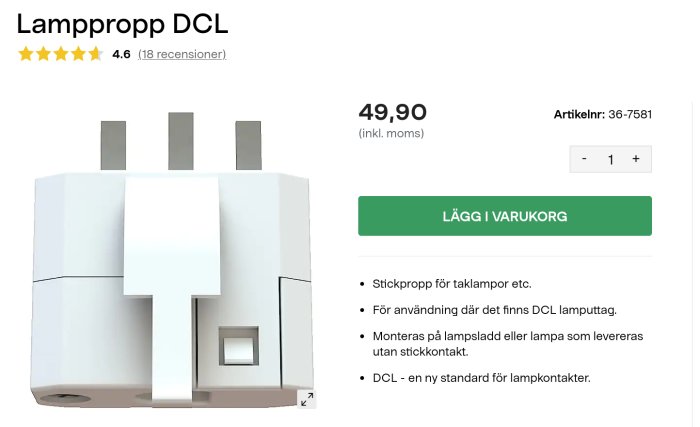 Vit lamppropp DCL med betyg och pris, avsedd för taklampor och DCL-uttag.