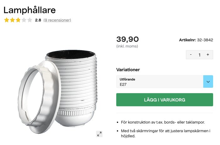 Bild på en vit E27 lamphållare med två justerbara skärmringar, med recensioner och pris.