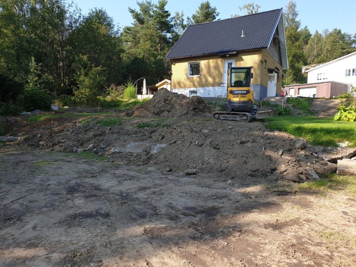 Markarbete i trädgården med en grävmaskin, jordhögar och en husfasad i bakgrunden.