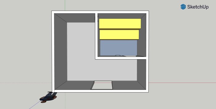 3D-skiss av en planlösning för en liten byggnad med isolerat förråd och bastu.