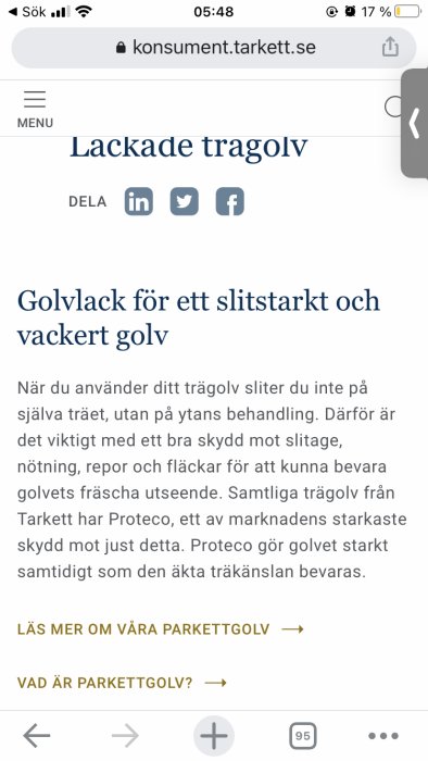 Skärmbild av en artikel om lackade trägolv och fördelarna med golvlack Proteco från Tarkett.