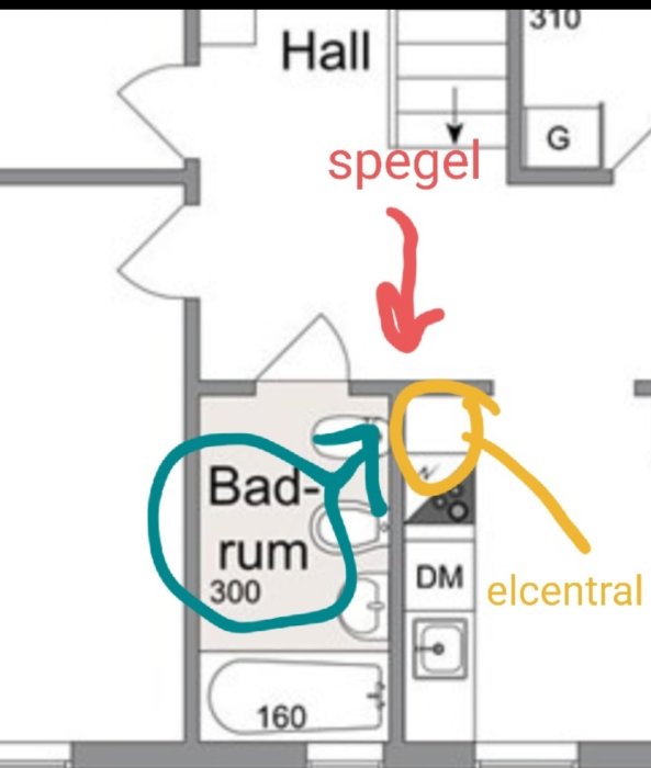 Ritad markering på en bostadsplan över placering av spegel i hallen och potentiellt problemområde i angränsande badrum.