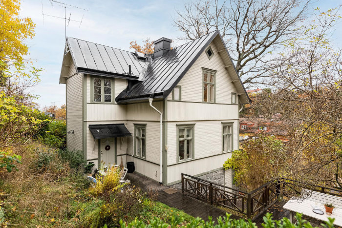 Vitt traditionellt hus från 1909 med målad panel och ett svart tak, beläget i Ulvsunda/Bromma.