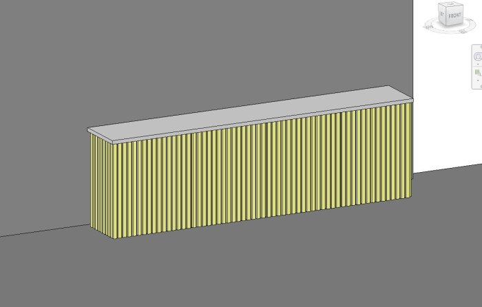 3D-skiss av en planerad TV-möbel i ribbat trä med skissade dörröppningsdetaljer i hörnet.