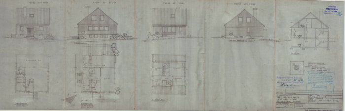 Arkitektritningar av ett elementhus från 1970 med fasader, planlösning och sektion.