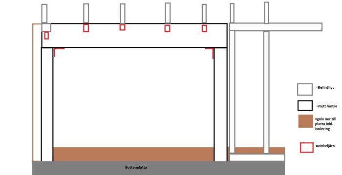 Skiss av byggprojekt med ersättande limträbalk stödd av två pelare fästa med vinkeljärn.