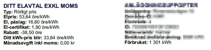 Översikt av en elmånatfaktura med information om rörligt pris, elpris per kWh, påslag, el-certifikat, rabatt och totalt kWh-pris exklusive moms.