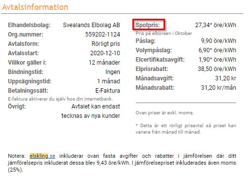 Skärmbild av ett elektricitetsavtal med detaljerad prisinformation, inklusive ett markerat "Spotpris: 27,34 öre/kWh".