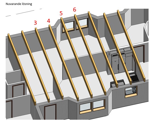 3D-modell av en husstomme med numrerade takstolar före avlägsnande av en innervägg.