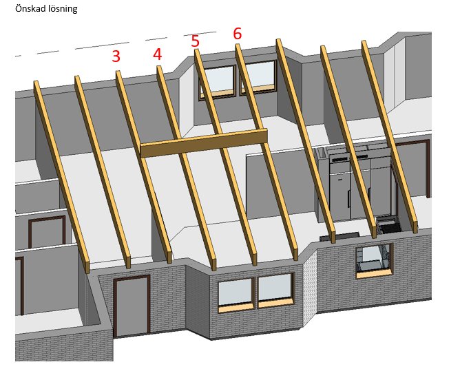 3D-modell av enplansvilla med numrerade takstolar och markerad önskad borttagning av innervägg.