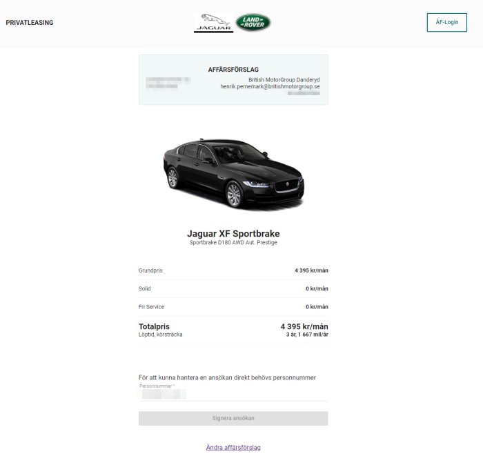 Skärmdump av ett privatleasingavtal för en Jaguar XF Sportbrake med kontaktuppgifter.