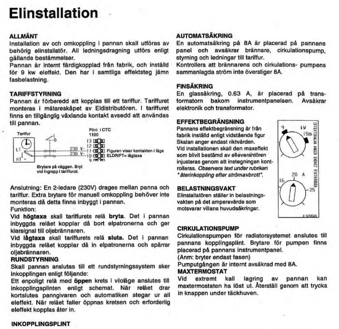 Skanning av en manual för elinstallation, visar diagram och textinstruktioner för kopplingar och inställningar.