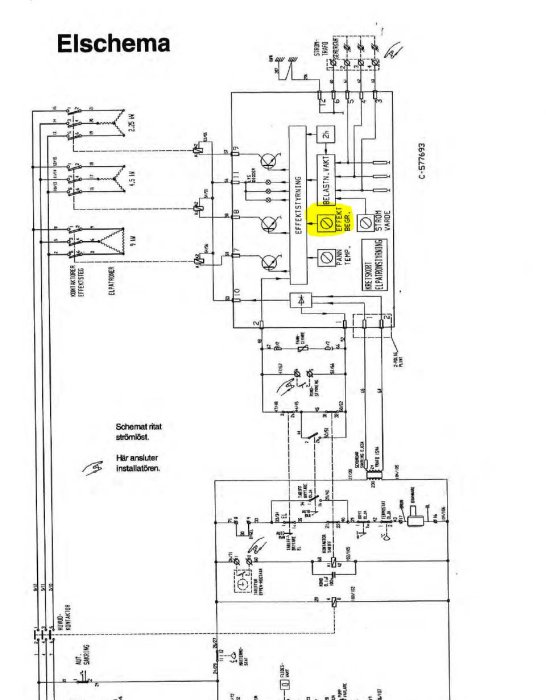 Elektriskt schema med markering av en komponent för sökning enligt manualens instruktioner.